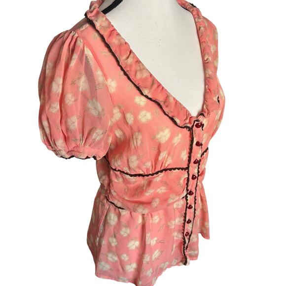 Odille Silk Pink Floral Ruffle Button Blouse Womens Medium Romantic Y2K Anthro - Picture 3 of 7